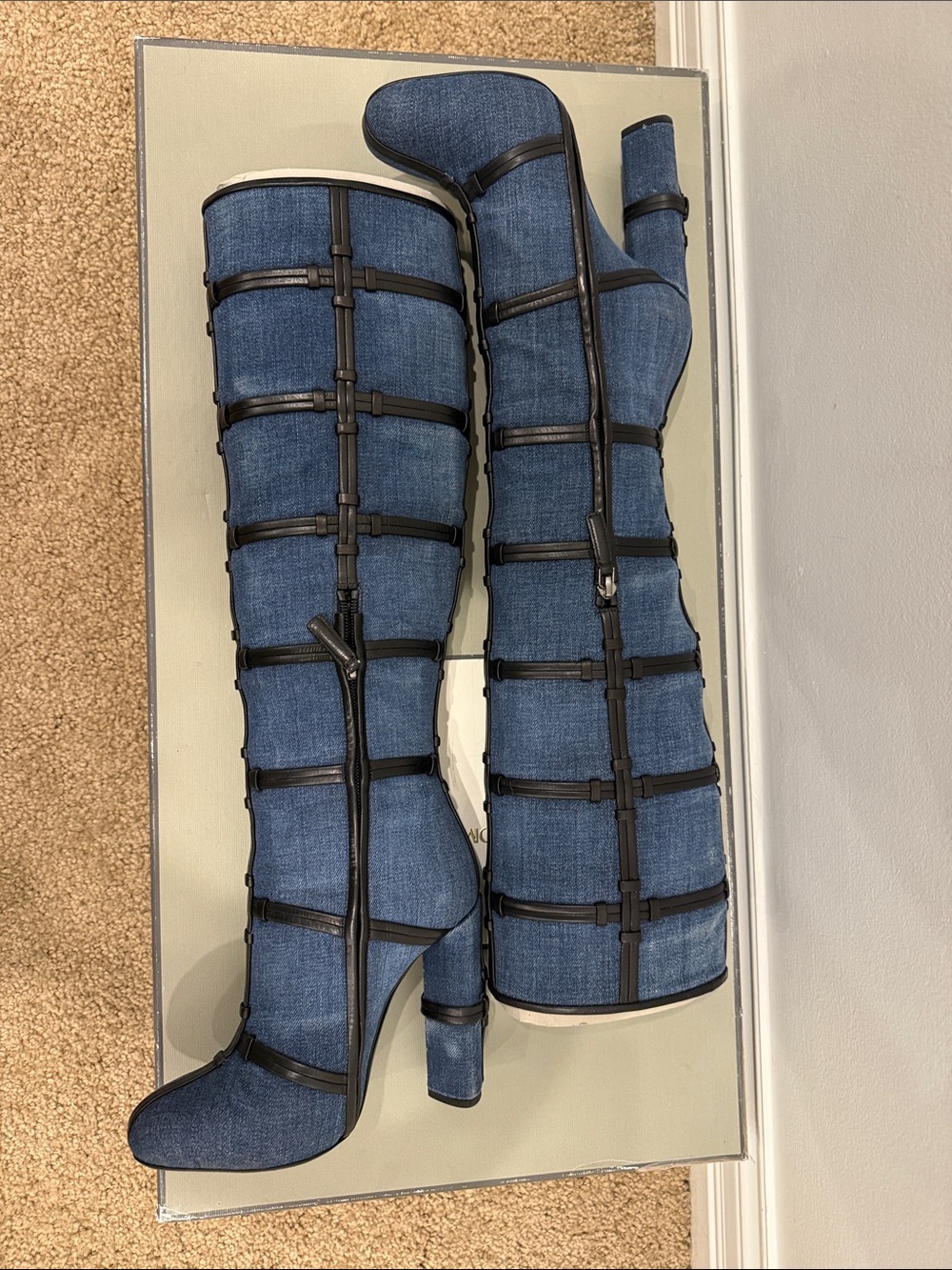 Tom Ford Denim & Leather Cage Knee High Boots 37 • Worn Once Iconic Runway Piece